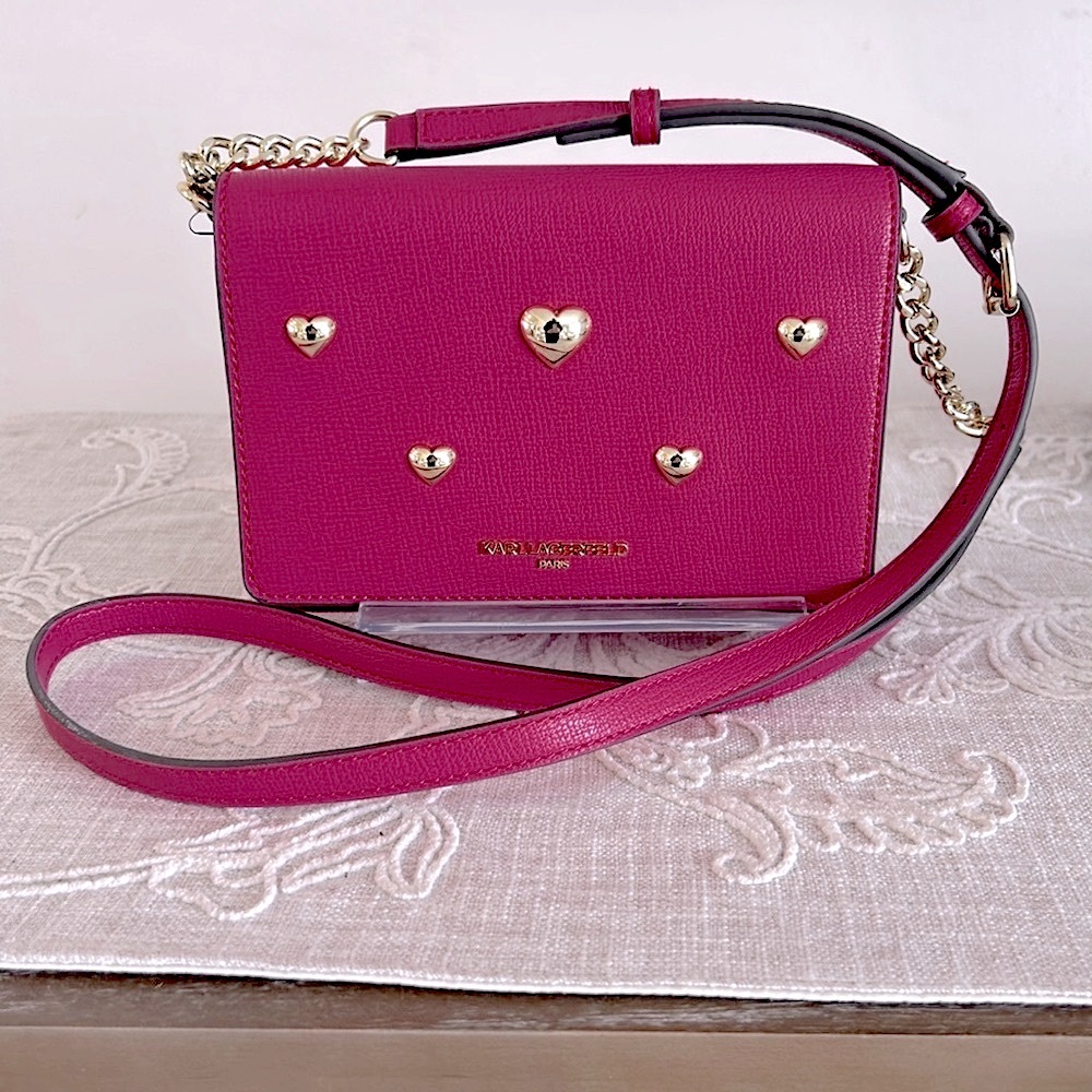 Karl Lagerfeld Paris Like New Connie Leather Crossbody Bag with Heart Accents